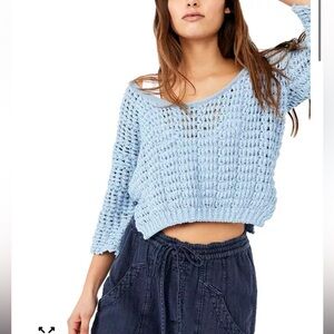Free People Cozy Pointelle Loose Knit Cropped Sweater Baby Blue